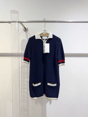 Gucci Navy Knit Polo Dress with Cream Collar and Red Sleeve Stripes